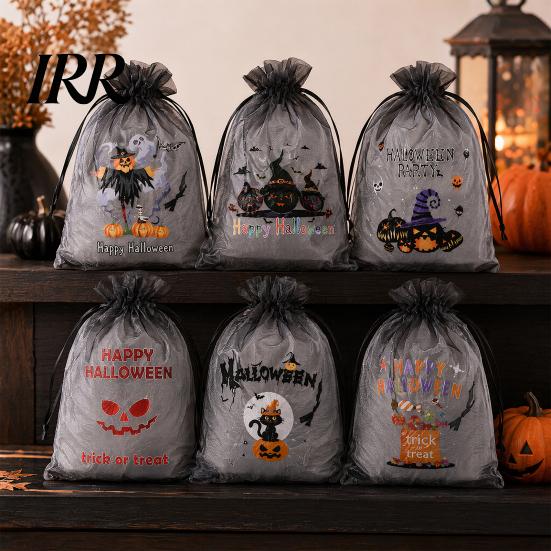 Halloween Treat Pouch 12 Pcs Organza Candy Bag, Drawstring with Pumpkin Ghost Bat Print Bag Print, Sheer Favor for Party Snacks, Trick or Gift