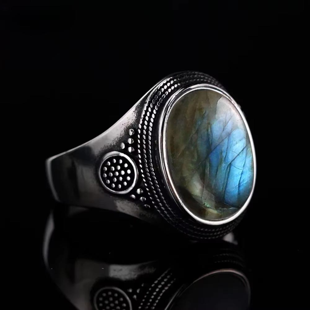 Vintage S925 Sterling Silber Natürlicher Labradorit Mondstein Ring 10x14MM Großer Türkis Lapislazuli Retro Ring für Damen Herren