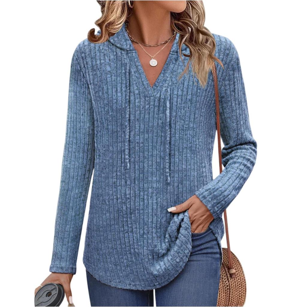 2025 Autumn/Winter Women's Plus Size V-Neck Hooded Ribbed Long Sleeve Loose T-Shirt