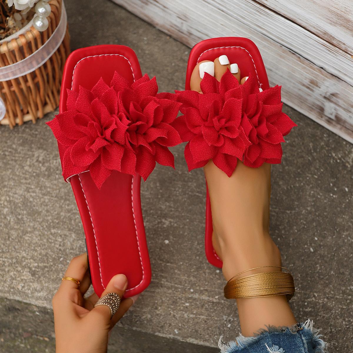 

Fashion Women s Summer Flat Casual Fashion Slippers Vintage Floral Decor Slip on Beach Slippers for Women Vacation Sandalias De Mujer 43 красный