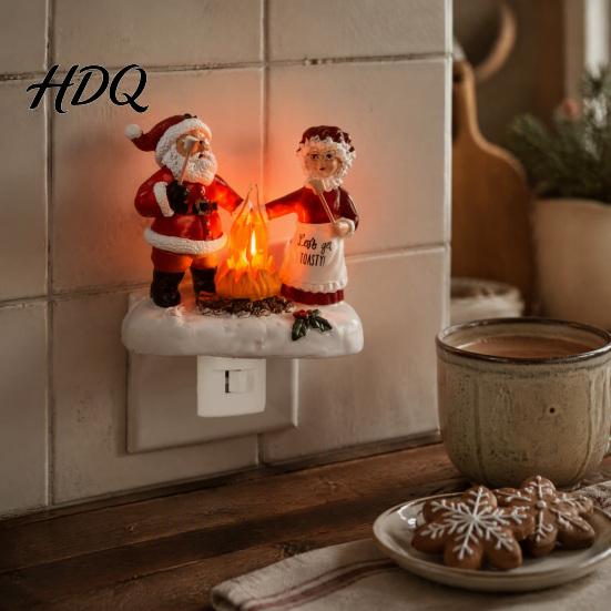 Warm Twinkling Christmas Decor Night Light Santa Claus Grandma Bonfire Resin LED Lamp Room Accents