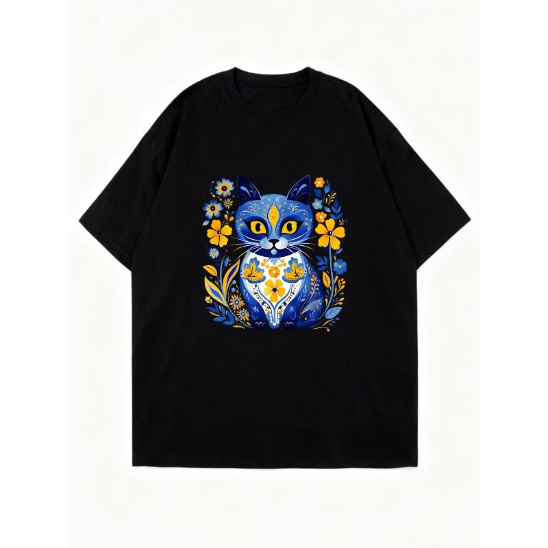 Oversized T Shirt Black Cat Floral Pattern Print Casual Wear For Women Summer Outfit Streetwear Fashion Statement Top