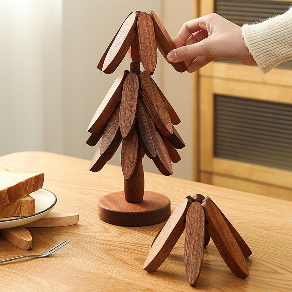 Wooden Trivet Tree Foldable Insulation Tripod Foldable Christmas Tree Shape Trivet Set For Hot Dishes Bowls Cups Drinks Teapots