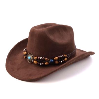 Hot-selling New Western Cowboy Hat Tibetan Wood Bead Accessories Hat Solid Color Suede One-word Cowboy Hat