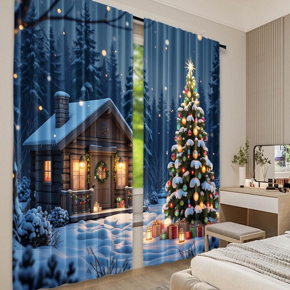 Set Of 2 Flat Printing Christmas Curtains Holiday House Scene Scopic Stylish Polyester Fiber Party Curtain Made