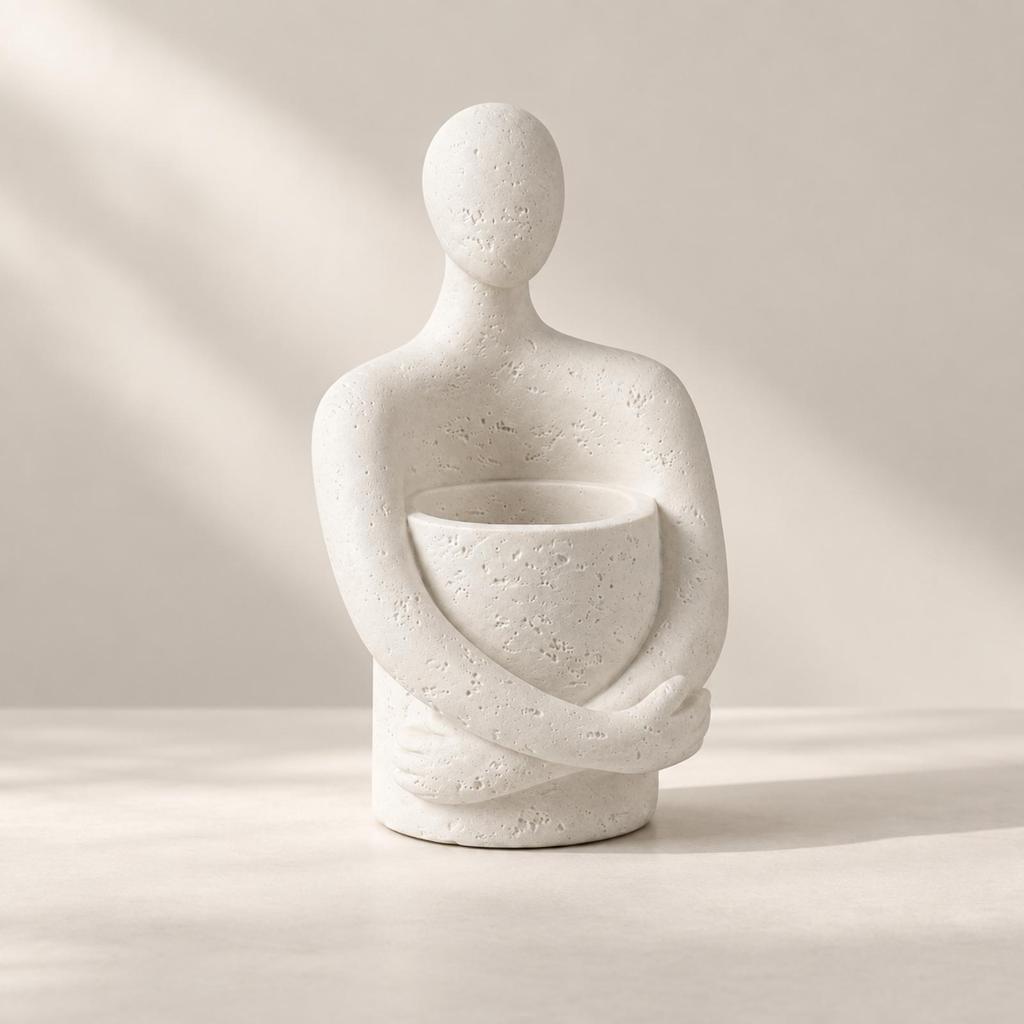 Seated Figure Planter with Attached Bowl Sculptural Abstract Human Compact for Indoor