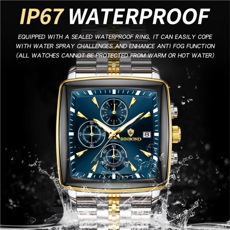BINBOND Men Multifunctional Quartz Watch Three-Eye Six-Hand Business Stainless Steel Band Fashion Casual Wristwatch Reloj Hombre