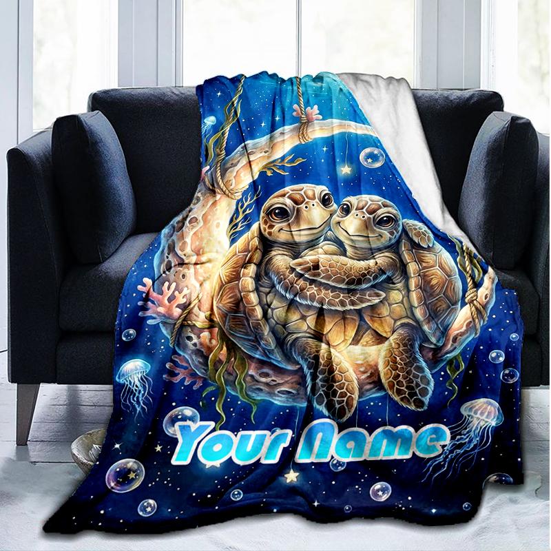 1PC Custom Name Underwater Moon flannel blanket versatile,all-season throw suitable for the living room,bedroom,camping,travel,and gift