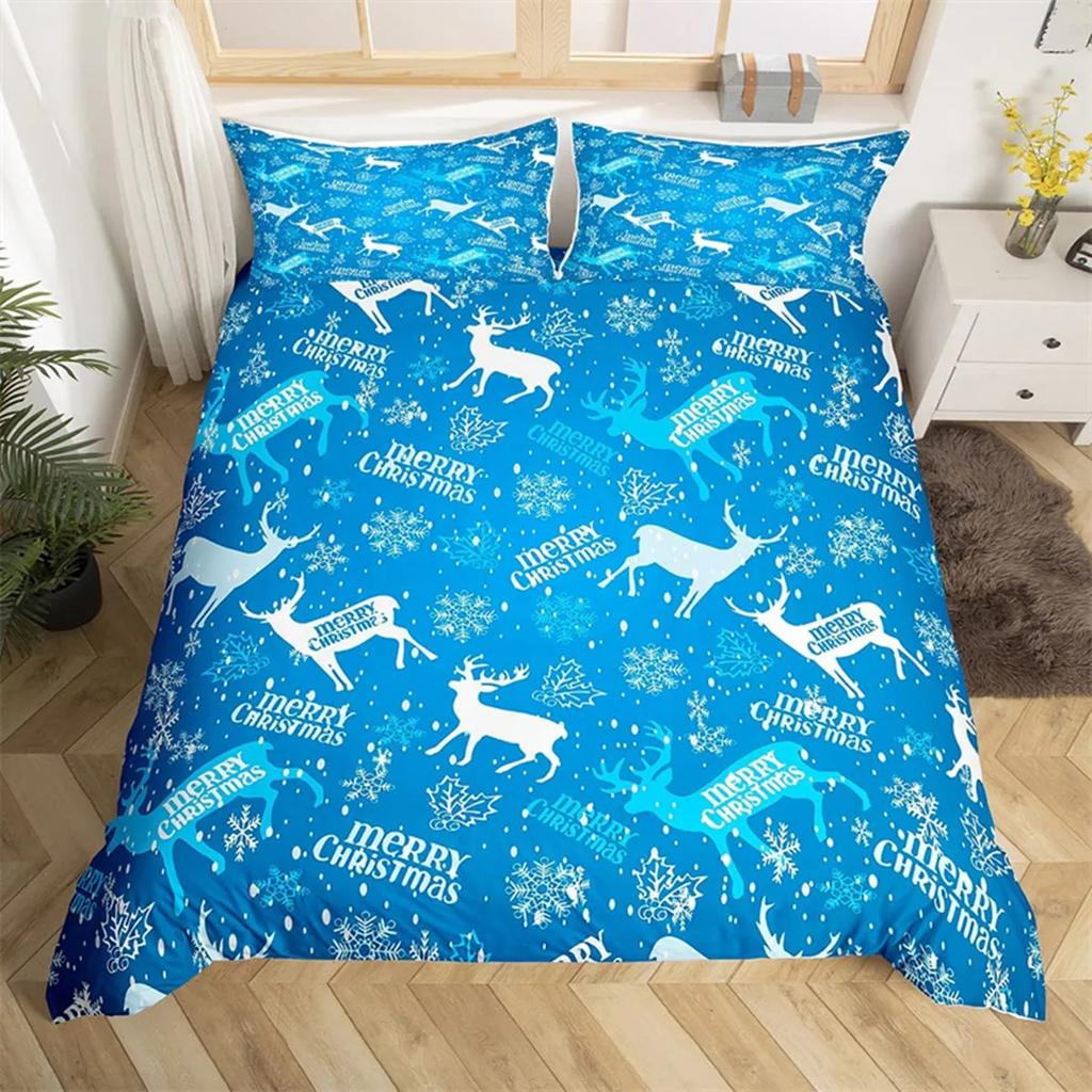 Merry Christmas Duvet Cover Happy New Year Microfiber Xmas Deer Elk Bedroom Decoration for Boys Girls Golden Bow Holiday Gifts