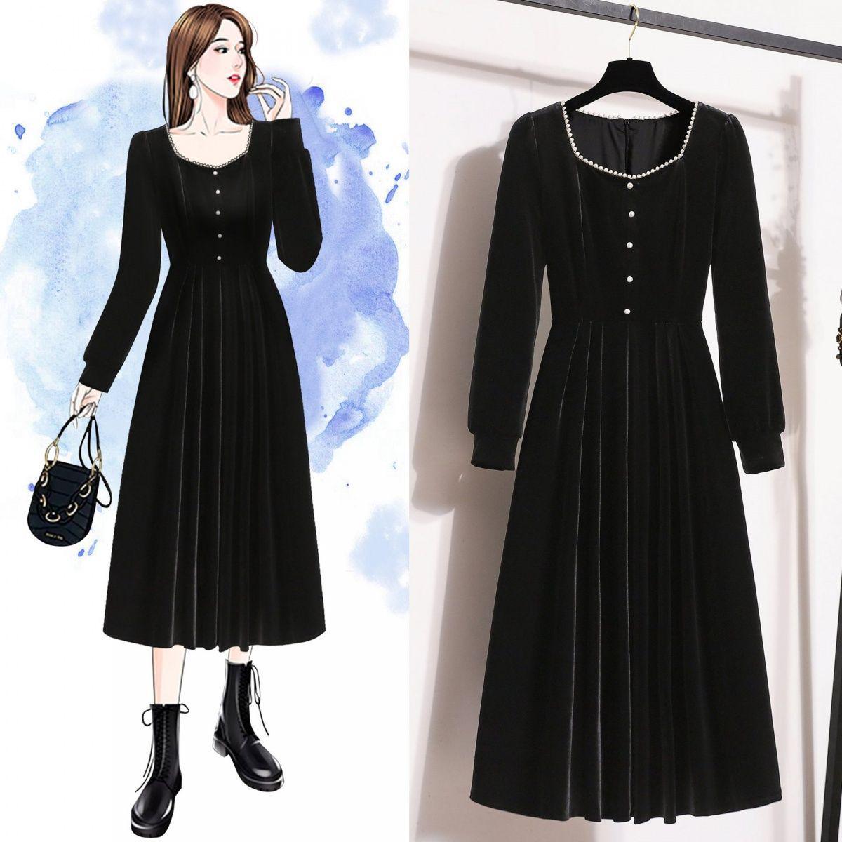 

Платье из бархата с квадратным вырезом, больших размеров, стройнящее - Коллекция Весна/Осень 2025 M (suggested for 85-100 jin)