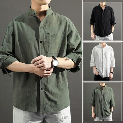 Male Casual Shirt Stand Collar Solid Color 3/4 Sleeves Loose Cardigan Streetwear Plus Size Men Over Shirt Office Commuter Clothes Summer Wear