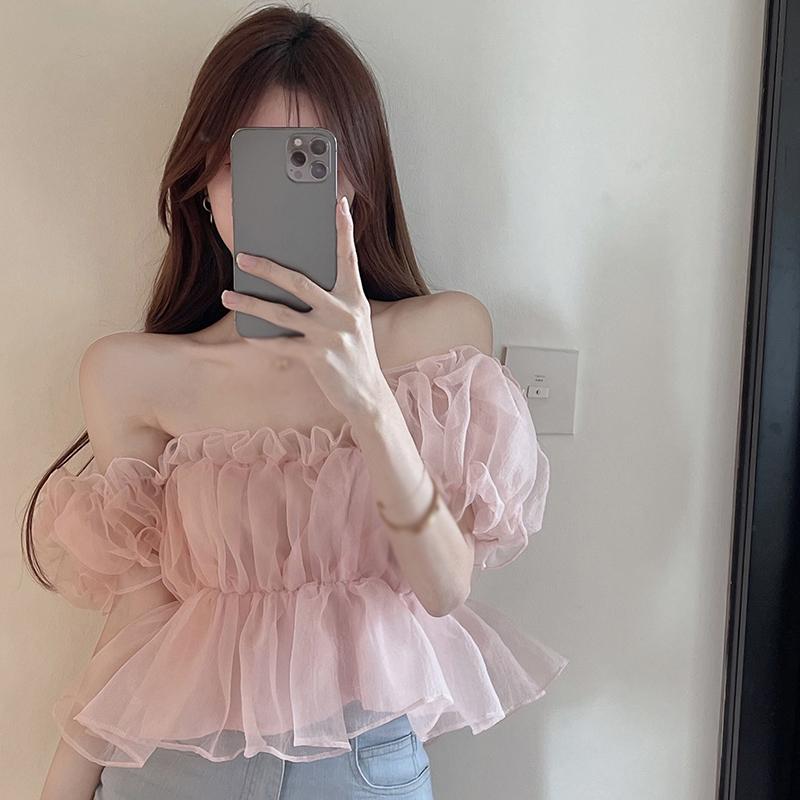 Women Short Puff Sleeve T-shirt Chiffon Short Puff Sleeves Breathable Apricot Sweet Square Neck Top