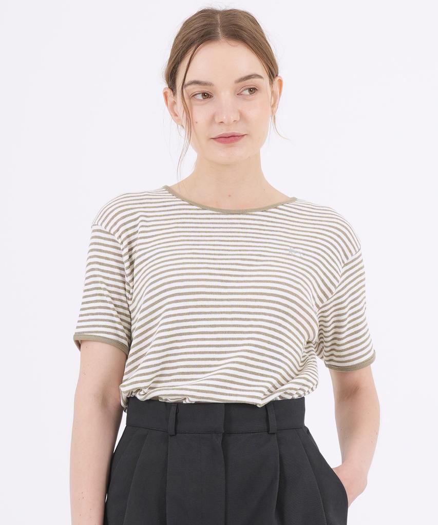 THE-ABON Fisherman Cotton Stripe Short Sleeve T-Shirt Khaki