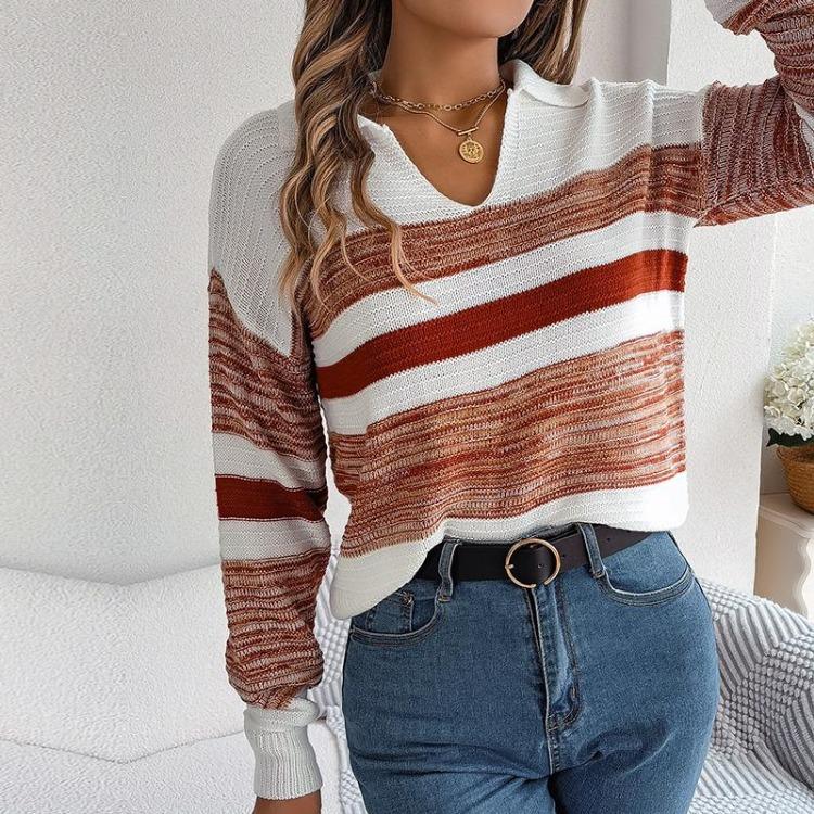 Women Casual Knit Pullover Sweater Polo Collar Long Sleeve Contrast Stripe Autumn Winter