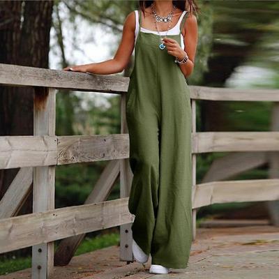 Summer Suspenders Loose Solid Color Fashion Ladies Leisure Pocket Cotton And Linen Leisure Suspenders Straight Cropped Jumpsuit