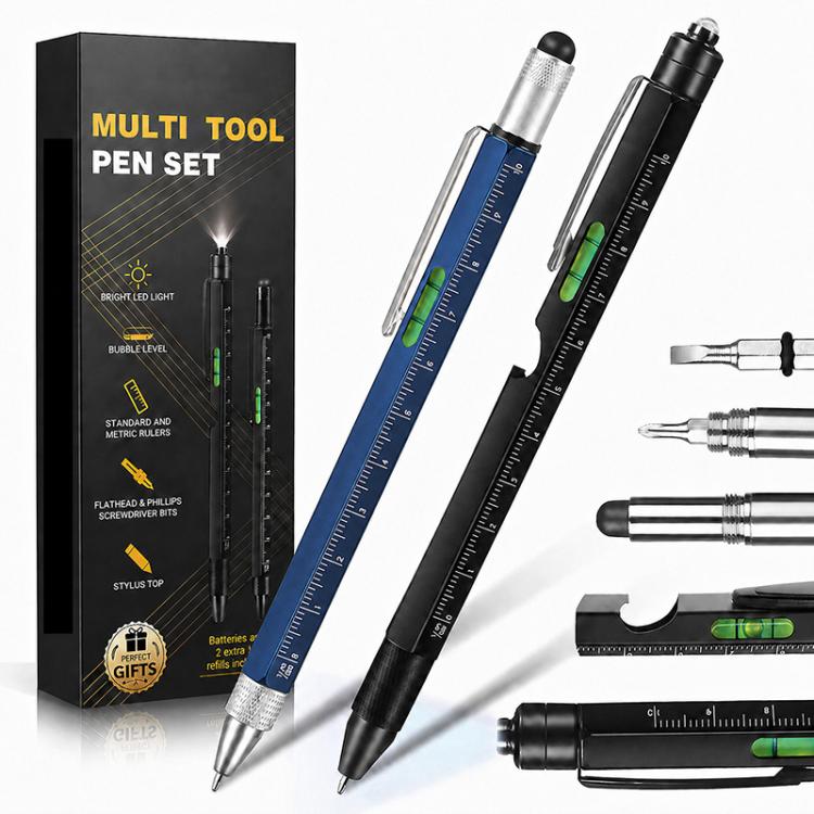 Multifunctional Metal Ballpoint Tool Pen Gift Set with Light, Bottle Opener, Stylus, and Ruler