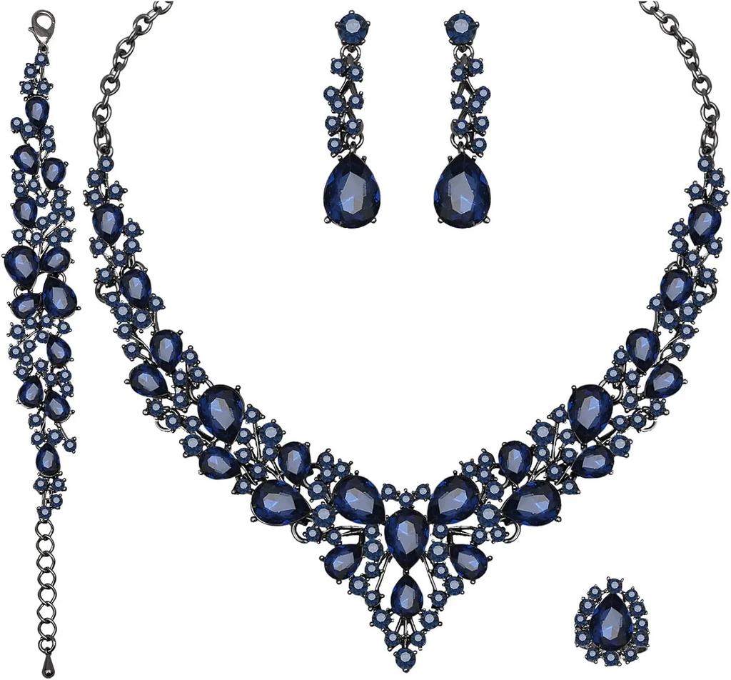 Set Colier Cercei Strass Cristal Mireasă Set Rochie Bal Banchet Doamne Set de Lux Patru Piese