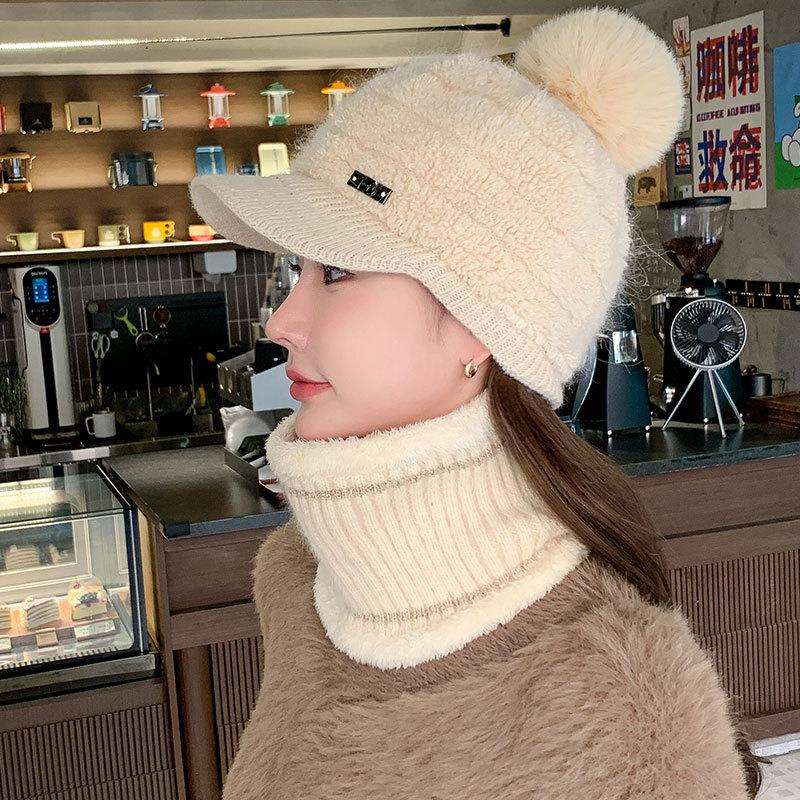 Fleece warm knitted hat women's autumn and winter plush line duck tongue baseball cap scarf cover show face cap
