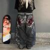 Mens Gothic Skull Embroidered Loose Fit Straight Leg Denim Jeans Black Cotton Blend Casual Pants