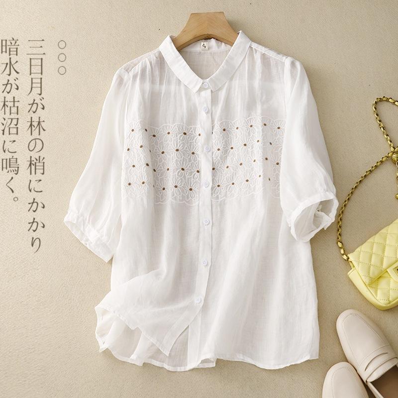 

2025 лето новая рубашка с коротким рукавом из хлопка и льна с воротником ПОЛО женская ретро вышитая кардиган топ высокого класса Large size L белый