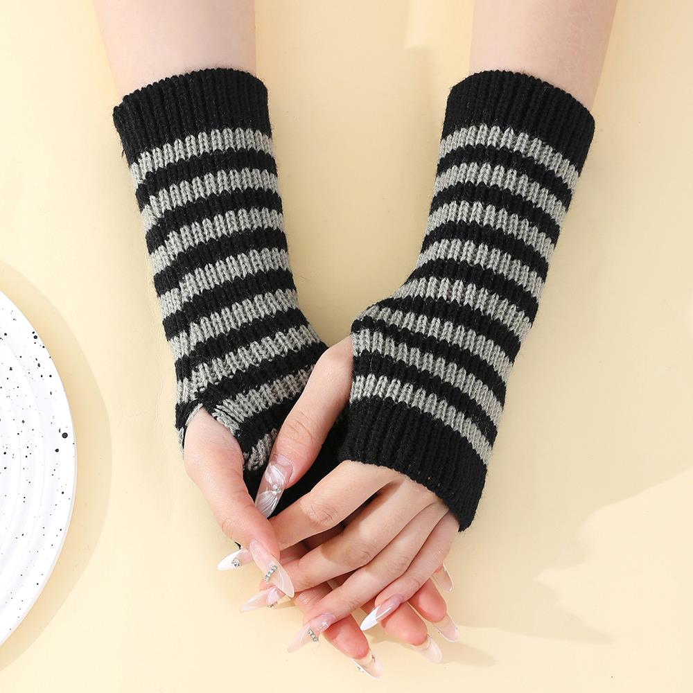 HOT Winter Half Finger Gloves Striped Fingerless Gloves Knitted Long Fingerless Gloves Arm Cover Elbow Mittens Winter Arm Warmer
