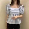 Elegant Square Neck Summer White Blouse Fashion Women New Puff Short Sleeve Shirt Ladies Sweet Tops 2026 Casual Simple Pleated Short Tops