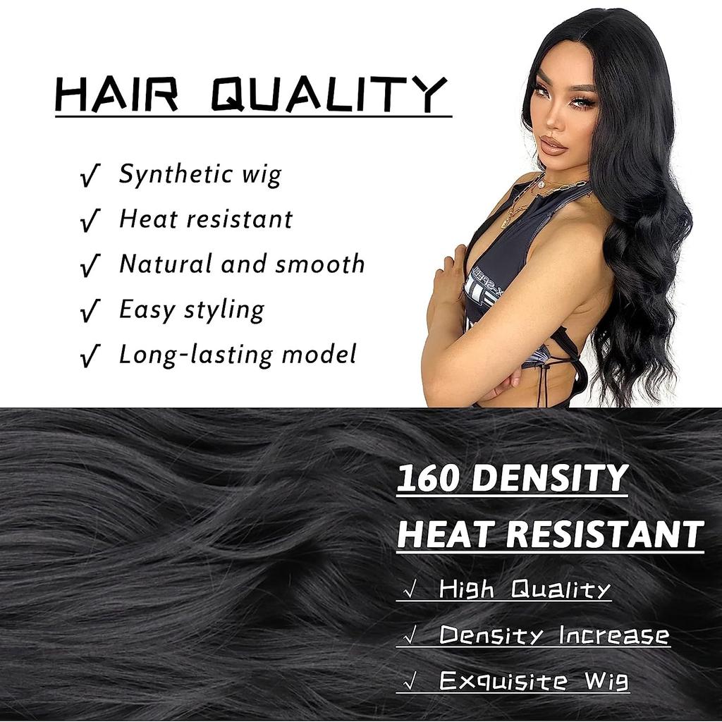 MERISIHAIR Long Black Wavy Wig for Women 26 Inch Long Curly Wig Natural Looking Synthetic Heat Resistant Fiber Black Wig for Daily Party Use