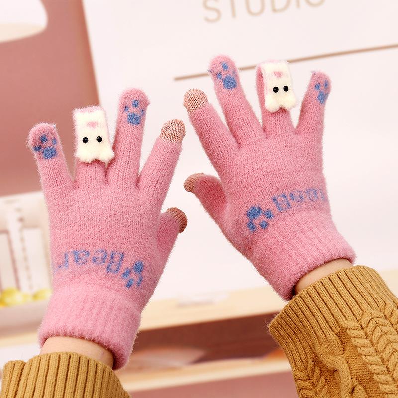 Knitted Thermal Gloves Winter New Velvet Thermal Women's Gloves Cute Bear Five-finger Cold-proof Gloves