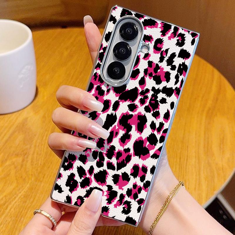 

Leopard Print Pattern Case For Samsung Z Fold 7 6 5 Luxury Hybrid 3in1 Leather Skin Plating Folding Phone Cover For Samsung Z Fold7 Fold6 Fold5 Samsung Z Fold 5 білий