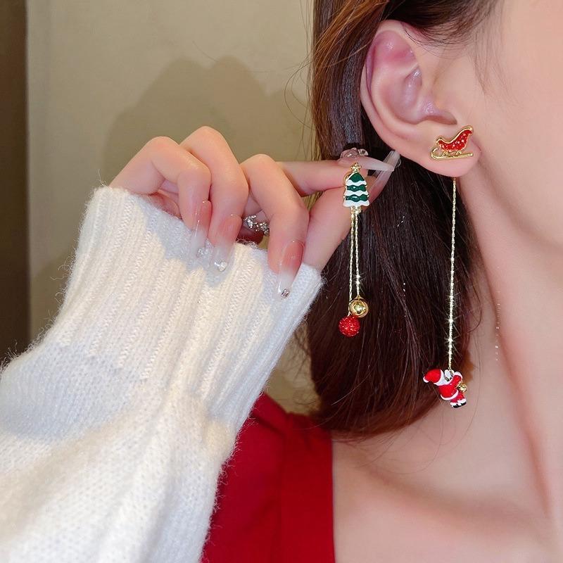 New Fashion Moving Santa Claus Tassel Earrings For Women Snowflake Christmas Tree Long Chain Asymmetric Earring New Year Jewelry