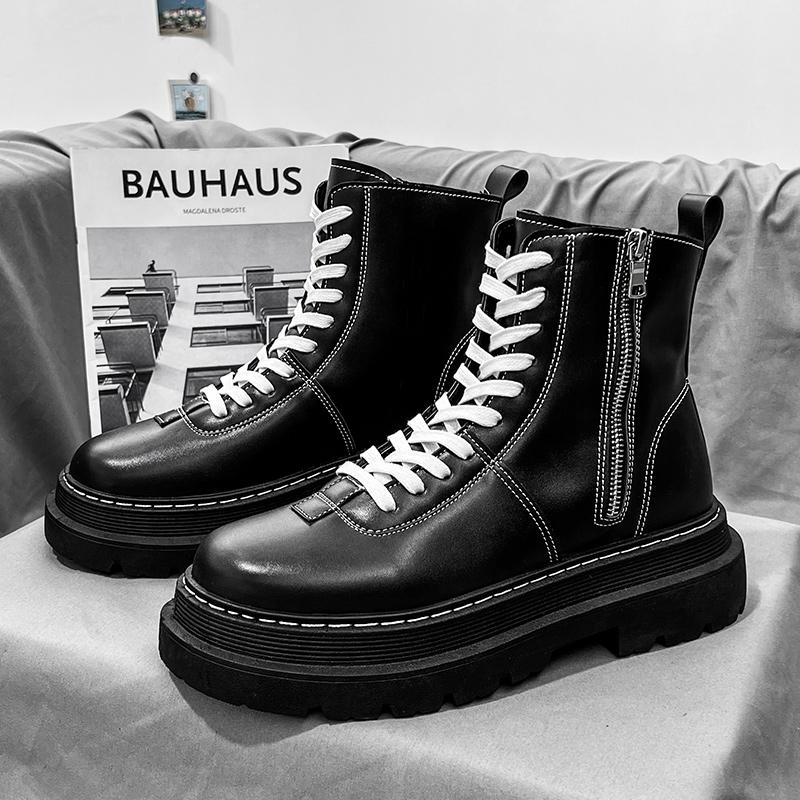 Fashion Men's High-Top Leather Boots Thick Bottom Fleece-Lined 2024 Autumn Winter New Men's Boots Breathable Non-Slip Men's Boots