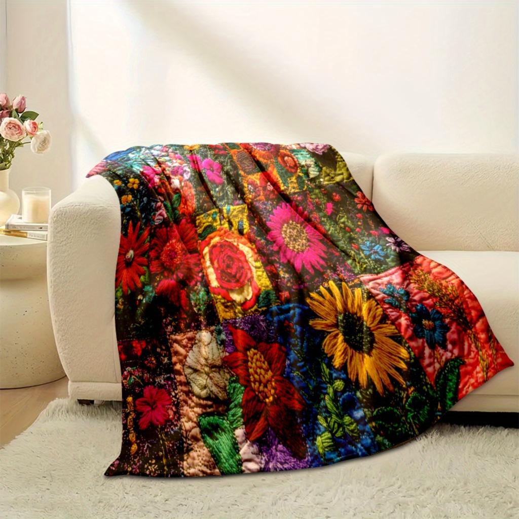 Colorful Floral Print Patchwork Blanket, Vibrant Quilted Rose Daisy Design Polyester Throw for Sofa Bed Decor & Gift