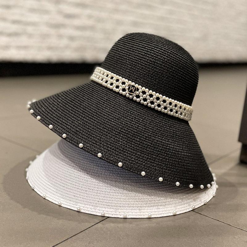 Ins Big Eaves Pearl Straw Fisherman's Hat Children Spring and Summer Seaside Beach Versatile Sunshade Straw Hat