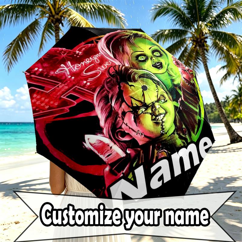 Custom Name Personalized Bride of Chucky Print Umbrella, Auto Open Close, 8‑Rib Sturdy Frame, Commute Camping Hiking Use, Birthday Gift