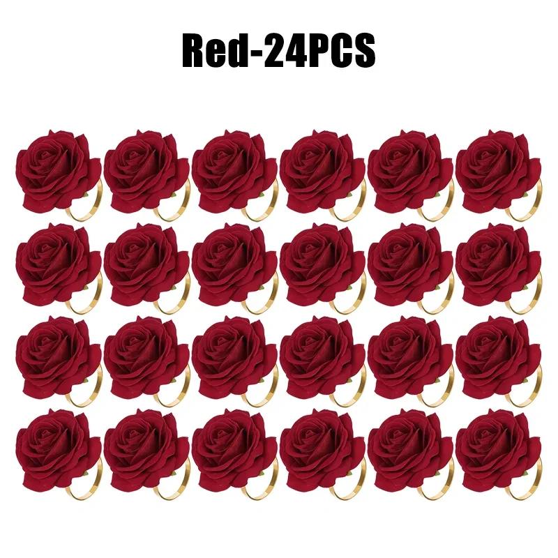 Rose Gold Napkin Rings 96Pcs Red Flower Wedding Decor Valentine Christmas Birthday Banquet Tableware Holder Set