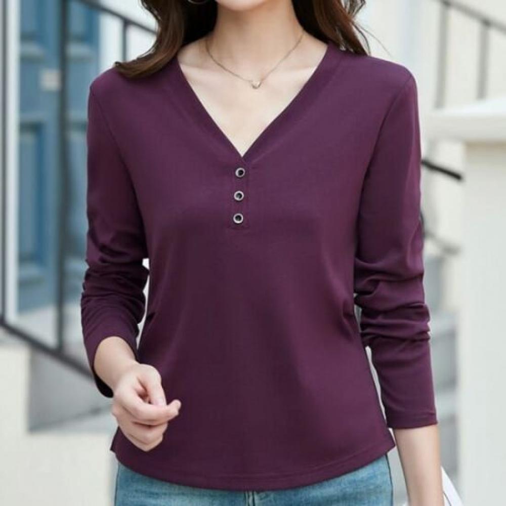 NaVaVa Women Solid BuTTon V Neck Long sleeVe T shirT nT2946