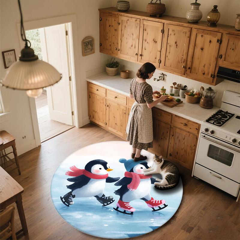 Snowy Day Penguin,Round Area Rug,Carpet Rug for Living Room Bedroom Sofa Playroom Decor,Non-slip Floor Mat