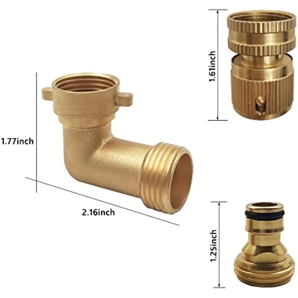 Solid Brass Garden Hose Adapter 3/4 Inch 90 Degree Elbow Connector and 3/4 Inch Hose Quick Connector