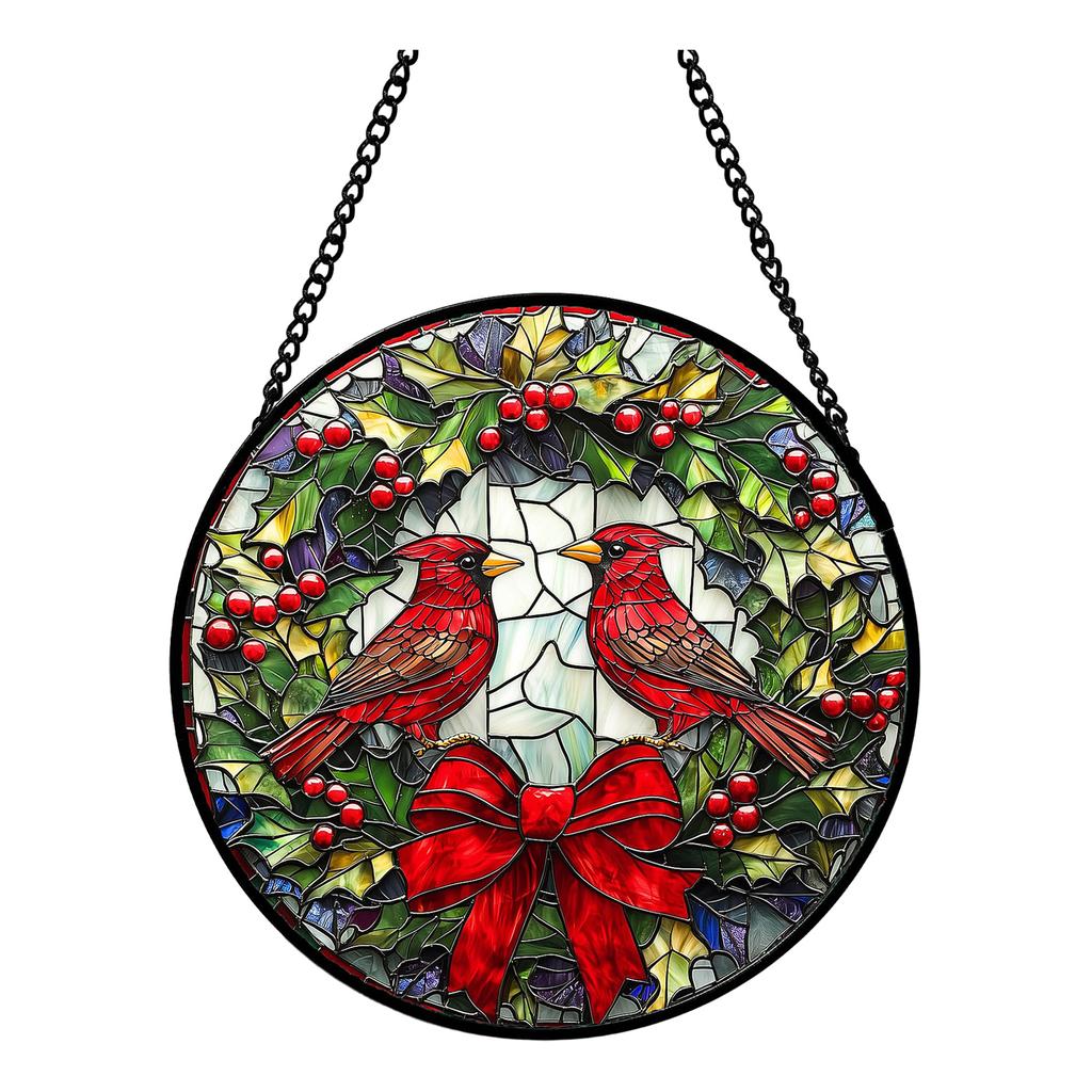 Acrylic Hanging Window Ornament Stained Glass Style Bird Design Round Shape Decorative Suncatcher with Chain for Indoor Outdoor Display