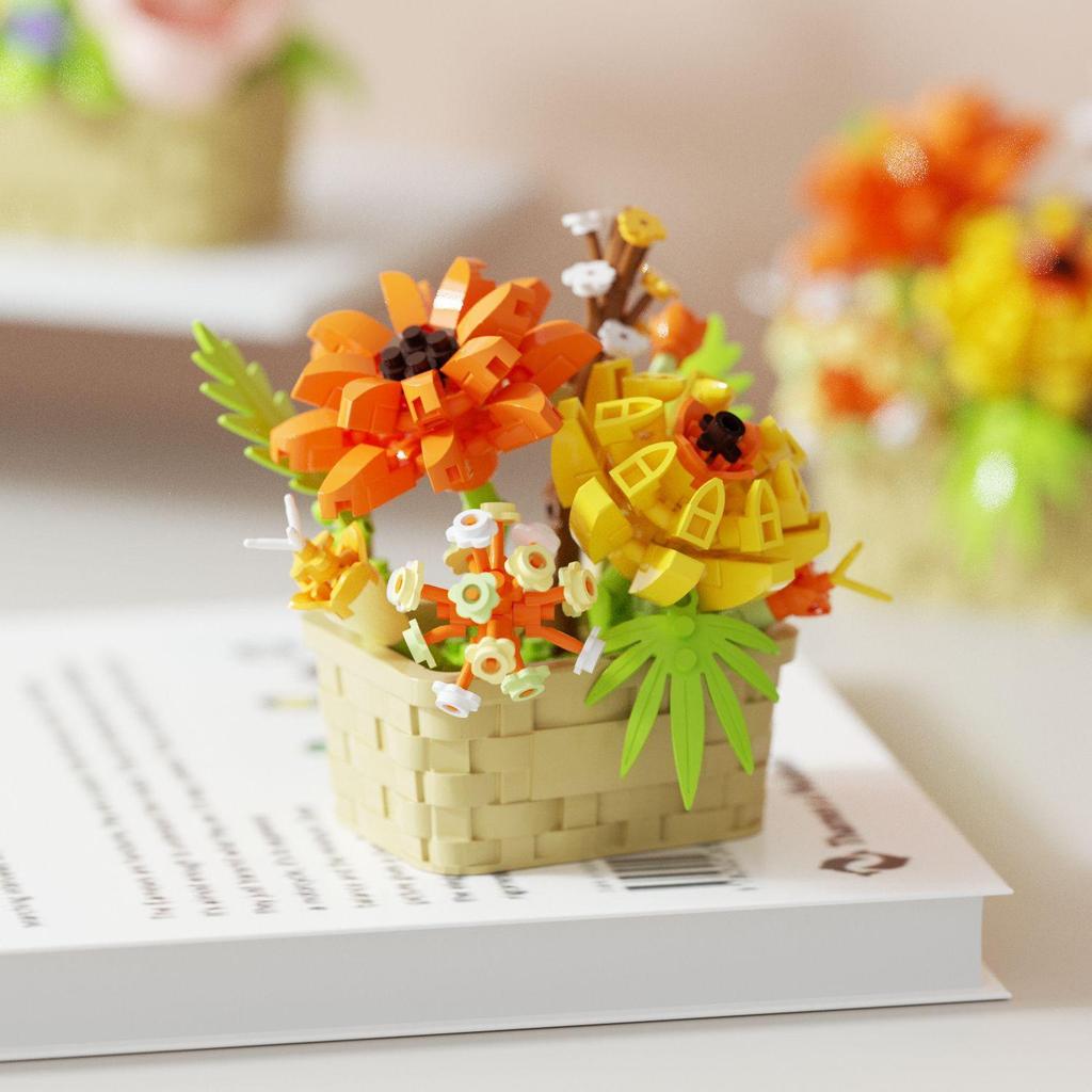 Bright Flower Basket: Preserved Flower & Succulent Building Block Set for Desktop Decor & Birthday Gifts