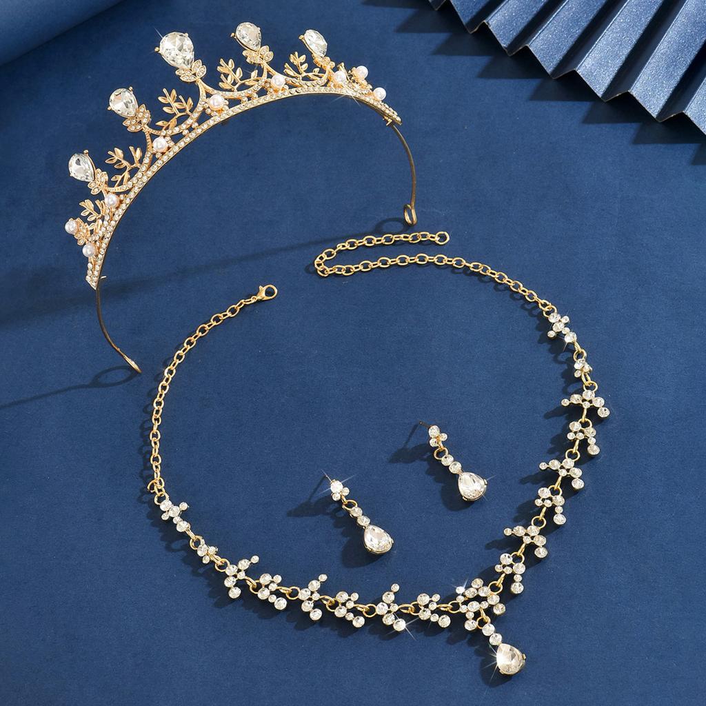 Damen Modedesign Wassertropfen Geometrische Halskette Ohrringe Krone Zirkon Set Hochzeitsparty Festival Geschenk