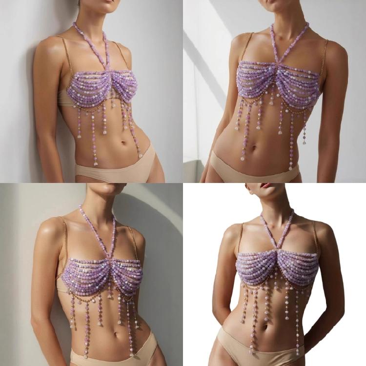 Beaded Body Chain Bra Multilayer Beaded Chest Chain Body Accessories Jewelry for Women Nightclub Raves Body Jewel