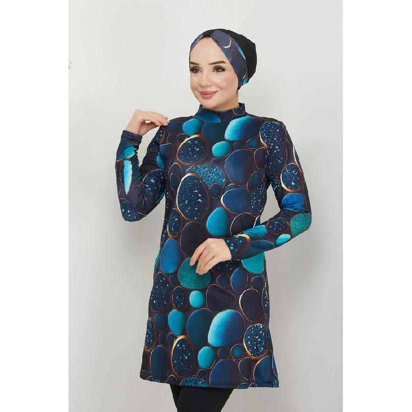 New Blue 2-piece Muslim Women's Modest Muslim Floral Print Seaside Swimwear Full Coverage Swimsuit Set Islamic Hijab Beachwear Burkini Swimsuit