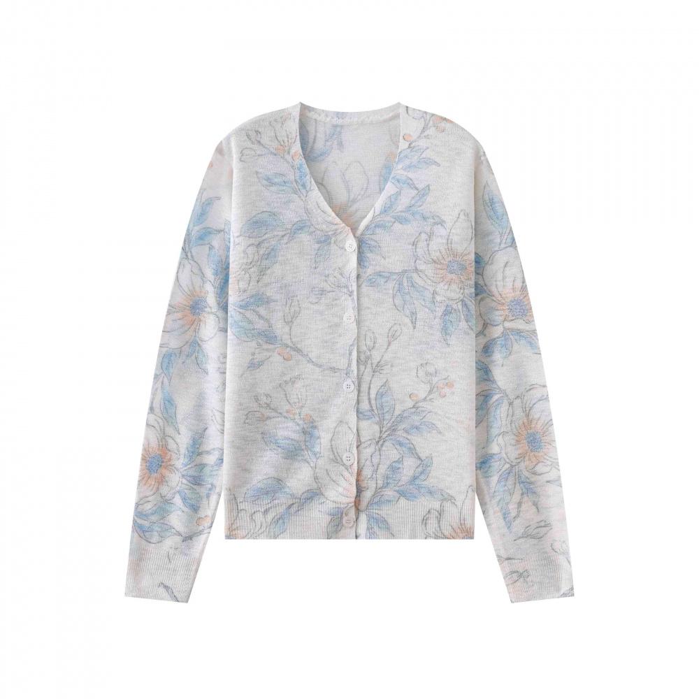 

Womens Casual Knit Sweater Long Sleeve V-Neck Floral Print Knitted Cardigan Lightweight Top Spring and Summer S синий