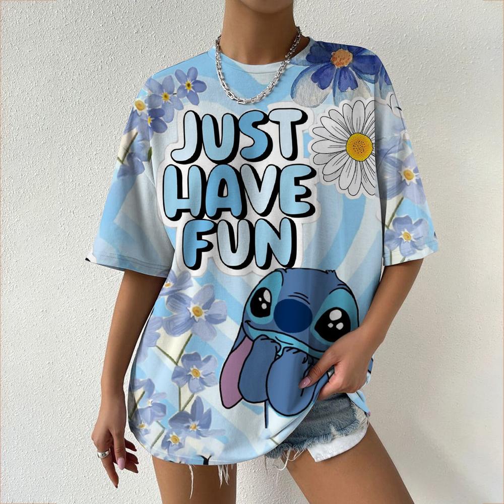 Kawaii Women's T-shirt Disney Lilo&Stitch Casual Y2k T-shirt Round Neck Short Sleeved T-shirt 2025 Summer Women's Clothing