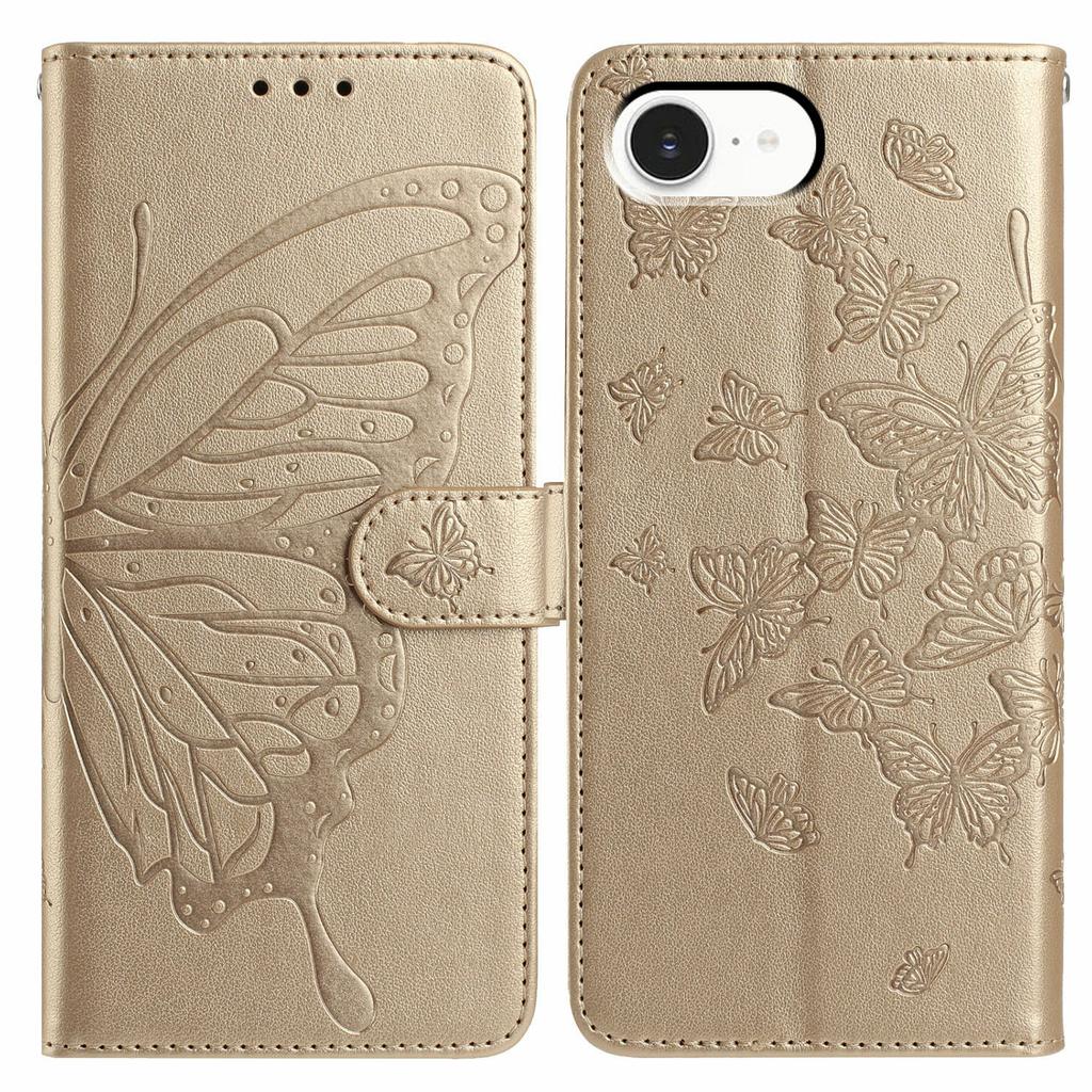 For iPhone 16e Case Butterfly Imprinted Wallet Stand PU Leather Flip Phone Cover with Strap