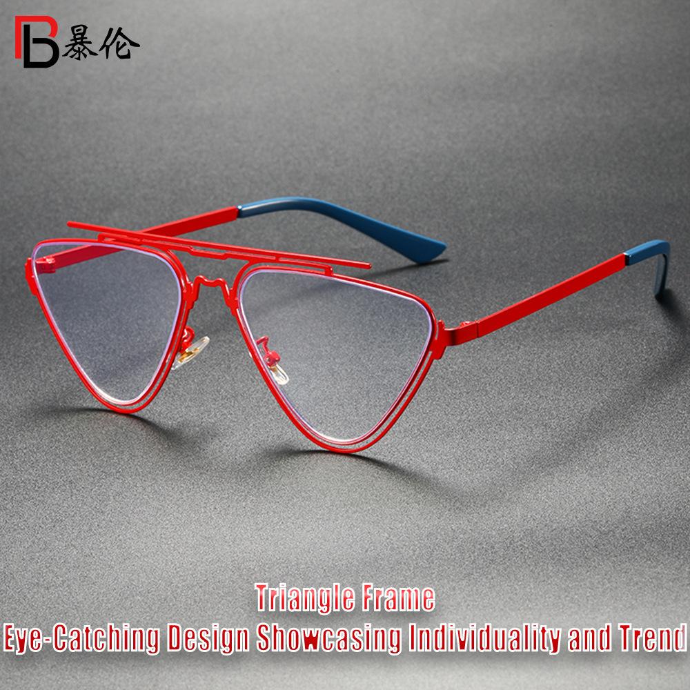 Fashion personalized double beam heterosexual flat glasses, trendy avant-garde hollow triangular frame anti-blue flat glasses