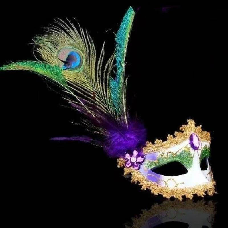 Masquerade Mask Women Peacock Feather Mask Mardi Gras Mask Fashion Blue Green Metal Shiny Rhinestone Halloween Party