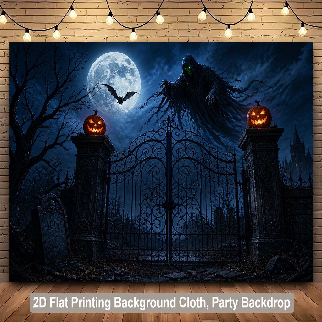 1 piece of 2D flat background fabric, ghost pumpkin full moon night sky scene background banner, family, garden, studio