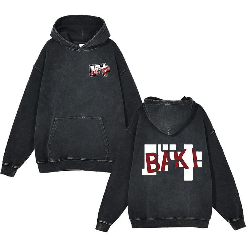 Baki Hanma Anime Streetwear Hoodie Heavyweight Cotton Washed Vintage Style Mens Long Sleeve Pullover